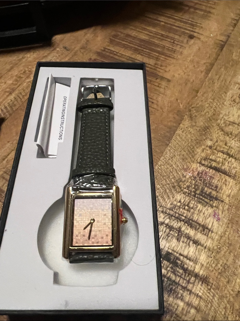 Gold-Tone Rectangular Men's Watch with Black Leather-Textured Strap